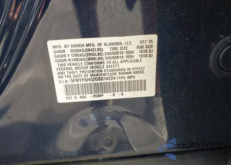 2016 Honda Pilot Ex-L z USA, uszkodzony, nr VIN 5FNYF6H52GB014224